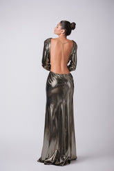 High slit metallic maxi dress with open back